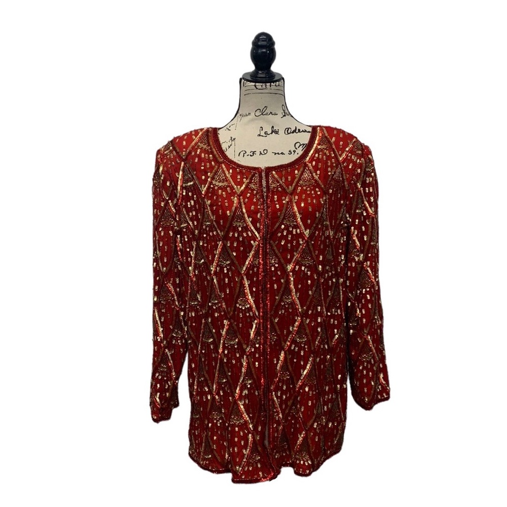 Vintage Cervelle Red Sequin Embellished 100% Silk Women’s Dress Blouse Size 1X